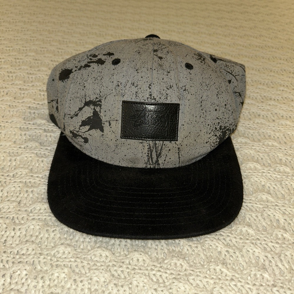 Stussy Y2K Paint Splatter Snapback Black Gray Hat Cap Suede Bill